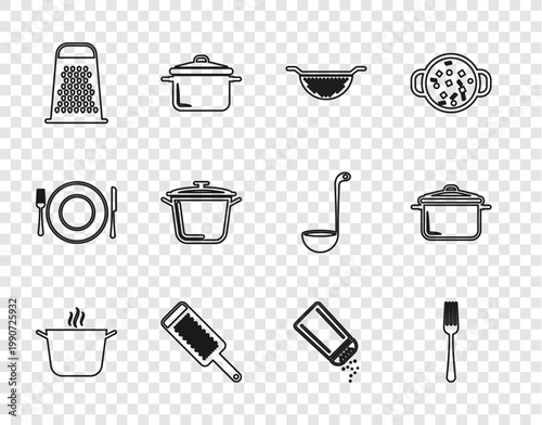 Set line Cooking pot, Fork, Kitchen colander, Grater, Salt pepper and icon. Vector