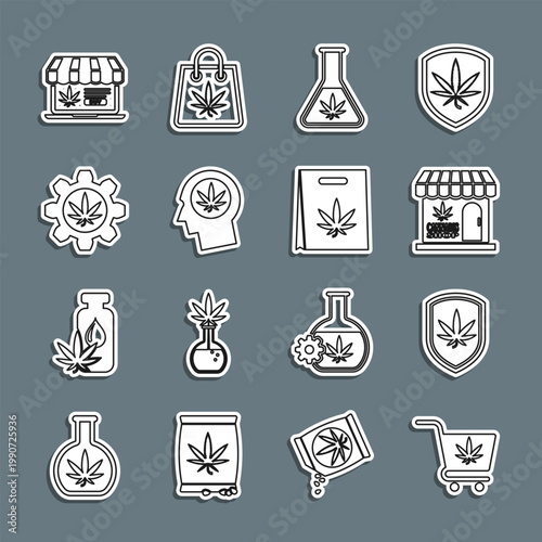 Set line Shopping cart with marijuana, Shield and, Marijuana cannabis store, Test tube, Head profile, Online buying and bag icon. Vector