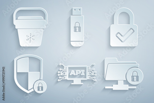 Set Computer api interface, Lock and check mark, Shield security with lock, FTP folder, USB flash drive and Cooler bag icon. Vector