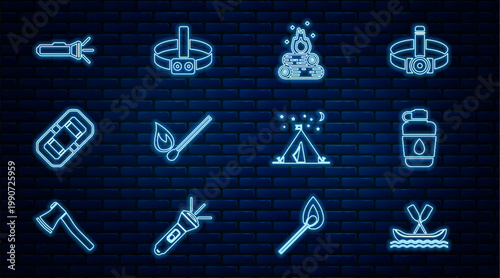 Set line Rafting boat, Canteen water bottle, Campfire, Burning match with, Flashlight, Tourist tent flag and Head flashlight icon. Vector