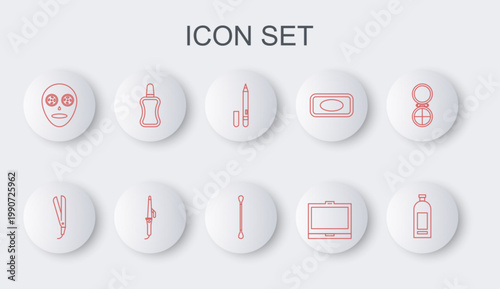 Set line Bottle of shampoo, Curling iron, Eyeliner, eyebrow, Makeup powder with mirror, Facial cosmetic mask, Nail polish bottle, and Cotton swab for ears icon. Vector