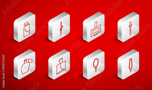 Set line Eyebrow tweezers, Curling iron, Nail polish bottle, Pipette, Hand mirror, Cream cosmetic tube, Perfume and icon. Vector