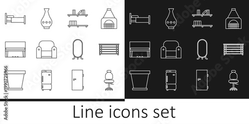 Set line Office chair, Chest of drawers, Shelf with books, Armchair, Grand piano, Bed, Big full length mirror and Vase icon. Vector