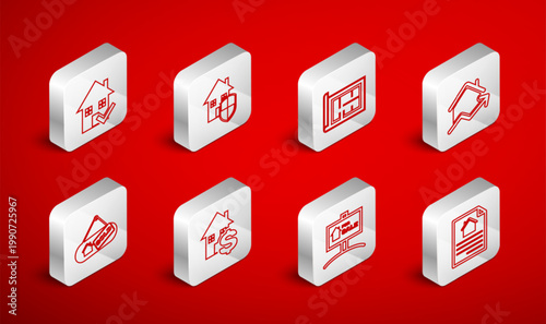 Set line House contract, under protection, plan, Rising cost of housing, Hanging sign with For Sale, check mark, dollar and Sold icon. Vector