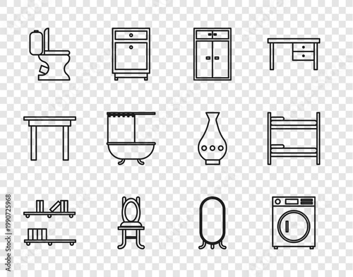Set line Shelf with books, Washer, Wardrobe, Chair, Toilet bowl, Bathtub shower curtain, Big full length mirror and Bunk bed icon. Vector
