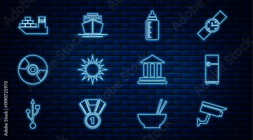Set line Security camera, Refrigerator, Baby bottle, Sun, CD DVD disk, Cargo ship, Bank building and Ship icon. Vector