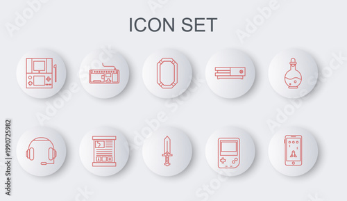 Set line Mobile and playing in game, Headphones, Poker table, Portable video console, Computer keyboard, Game guide and Sword for icon. Vector