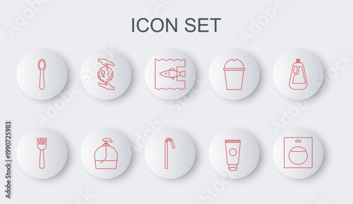 Set line Battery in pack, Disposable plastic fork, Stop ocean pollution, Cream cosmetic tube, spoon, Hands holding Earth globe, Bottle of liquid soap and Drinking straw icon. Vector