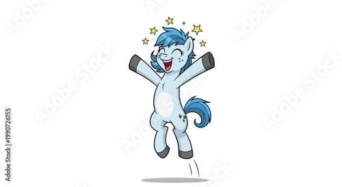 Excited Blue Pony Character Jumping with Stars