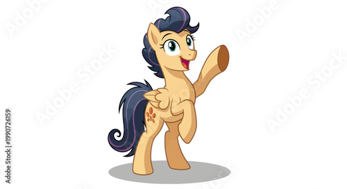 Cute cartoon pony waving hello, animated character, isolated on white background