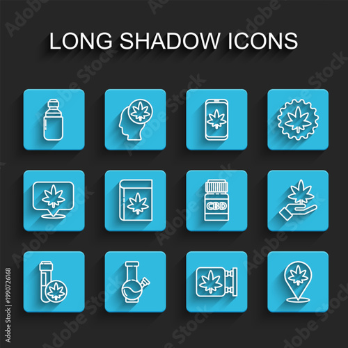 Set line Chemical test tube with marijuana, Glass bong for smoking, Marijuana cannabis olive oil, and store, Location, Book, leaf and Medical bottle icon. Vector