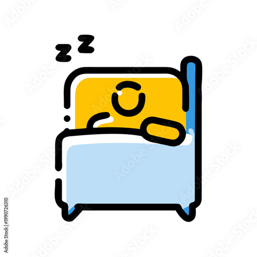 Sleeping person in bed with blue blanket and yellow pillow zzz symbols.