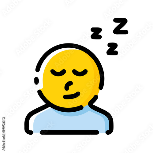 Sleeping person icon with yellow face and blue clothes featuring zzz symbols for relaxation.