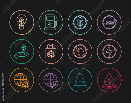 Set line Water energy, Lightning bolt, Recycle and leaf, Paper bag with recycle, Plant hand, bulb, clean aqua and Electric car charging station icon. Vector