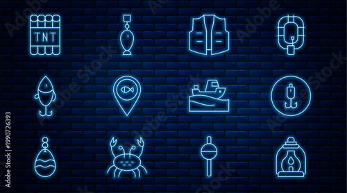 Set line Camping lantern, Fishing hook, jacket, Location fishing, lure, Detonate dynamite bomb stick, boat water and spoon icon. Vector