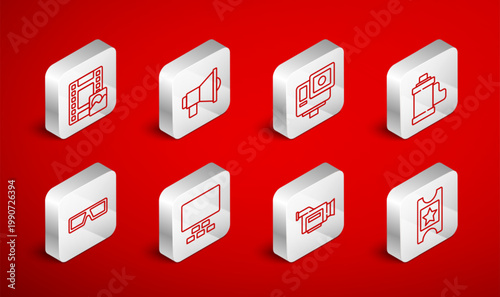 Set line Cinema ticket, Megaphone, Action extreme camera, Camera film roll cartridge, Play Video, auditorium with seats and 3D cinema glasses icon. Vector