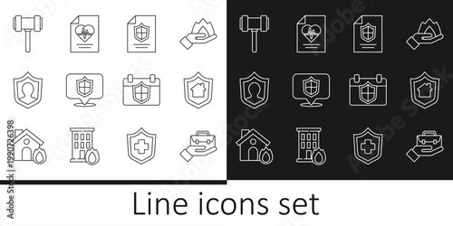 Set line Hand holding briefcase, House with shield, Contract, Location, Life insurance, Judge gavel, Calendar and Health icon. Vector