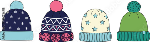 Colorful Winter Beanie Hat Collection with Patterned Knit Caps, Pom Pom Headwear Set, Cozy Cold Season Accessories Flat Vector Illustration