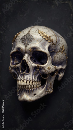 Ornate Porcelain Skull With Gold Inlay and Decorative Chains on Dark Background, Gothic Art Object