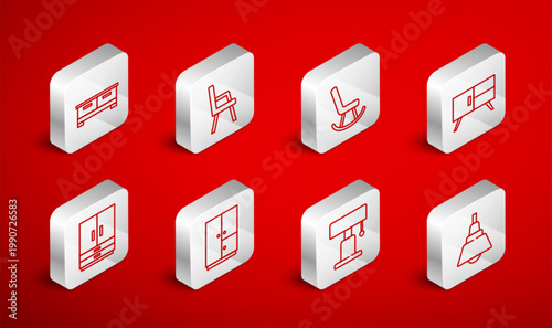 Set line Chandelier, Armchair, Chest of drawers, Table lamp, Wardrobe and icon. Vector