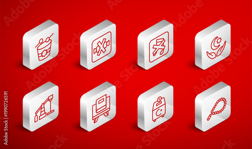 Set line Rosary beads religion, No sweets, Speaker mute, Star and crescent, Donate or pay your zakat, Ramadan drum, Holy book of Koran and Oil pump pump jack icon. Vector