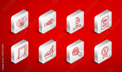 Set line Dog award symbol, Fish skeleton, Cat scratching post, Clinical record pet, Veterinary clinic, Heart with cat, litter tray shovel and Door for icon. Vector