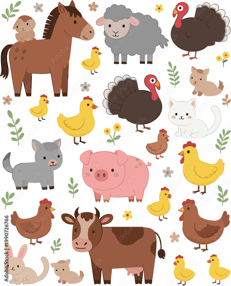 Fototapeta premium Cute Farm Animals Vector Illustration Set with Horse, Pig, Cow, Chicken, Turkey, Cat, and Rabbit Characters for Kids, Agriculture, and Cartoon Rural Design