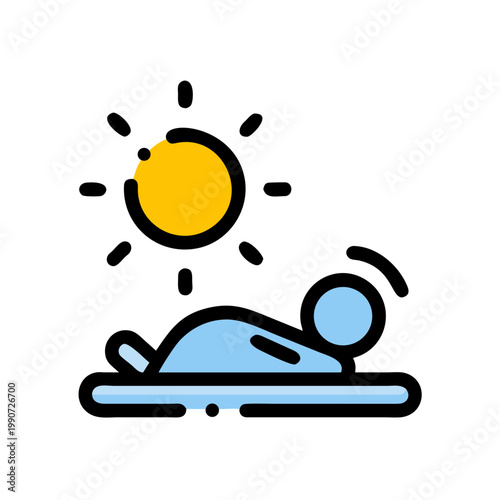 Man sunbathing on lounge chair under bright sun vector icon illustration, summer vacation concept.