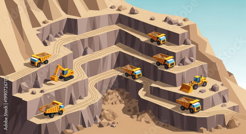 Excavator Trucks Working on Mountainous Quarry Site.