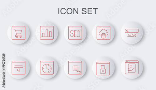 Set line Photo retouching, SEO optimization, Secure your site with HTTPS, SSL, Online shopping screen, Graph chart infographic, Browser window and New chat messages notification icon. Vector