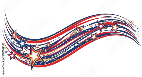 A rocket blasting off with patriotic stars and stripes, a dynamic design to celebrate freedom and progress