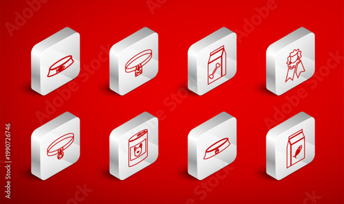 Set line Bag of food for cat, Dog collar, pet, Cat award symbol, Pet bowl, Canned dog and icon. Vector