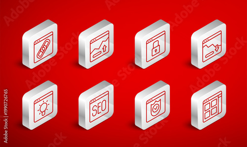 Set line Browser files, Financial growth increase, Secure your site with HTTPS, SSL, decrease, shield, window, SEO optimization and icon. Vector