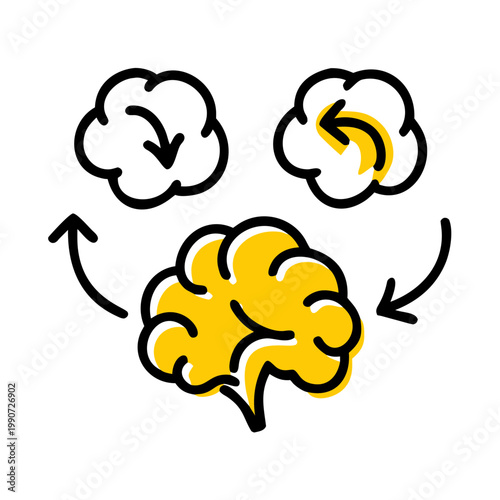 Brain icon with incoming and outgoing arrows symbolizing thoughts and ideas exchange.