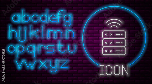 Glowing neon line Smart Server, Data, Web Hosting icon isolated on brick wall background. Internet of things concept with wireless connection. Neon light alphabet. Vector