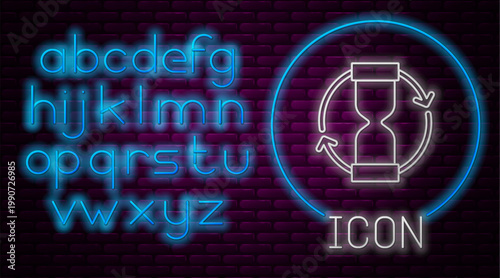 Glowing neon line Old hourglass with flowing sand icon isolated on brick wall background. Sand clock sign. Business and time management concept. Neon light alphabet. Vector