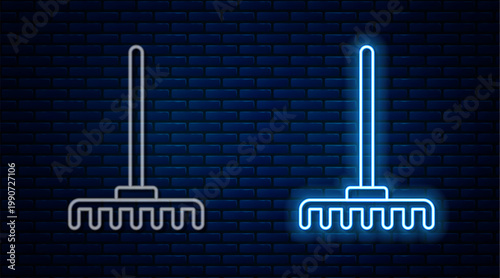 Glowing neon line Garden rake icon isolated on brick wall background. Tool for horticulture, agriculture, farming. Ground cultivator. Housekeeping equipment. Vector