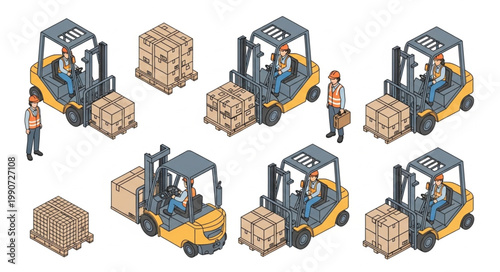 Forklift Operator Moving Wooden Pallets in Warehouse.
