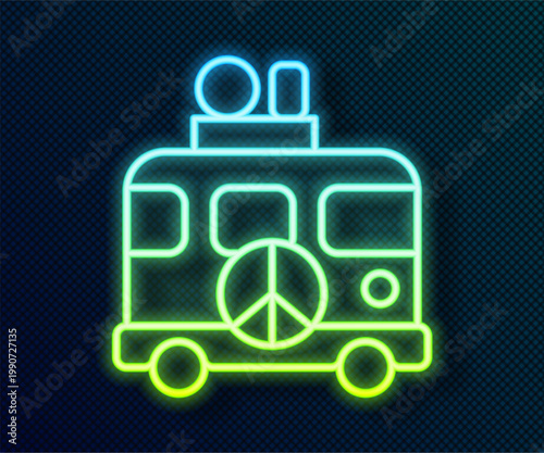 Glowing neon line Hippie camper van icon isolated on black background. Travel by vintage bus. Tourism, summer holiday. Vector