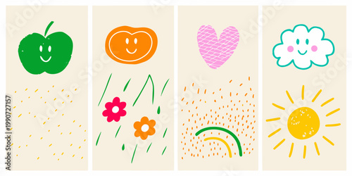 Four colorful hand drawn panels depicting seasonal fruits shapes and weather