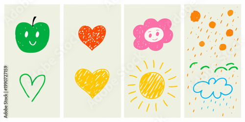 Colorful childlike drawings of fruits hearts suns and weather shapes