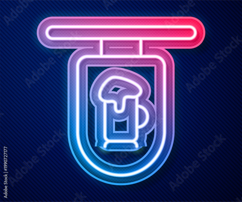 Glowing neon line Street signboard with inscription Bar icon isolated on blue background. Suitable for advertisements bar, cafe, restaurant. Vector