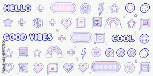 Colorful doodle stickers with text including hello weed good vibes and cool