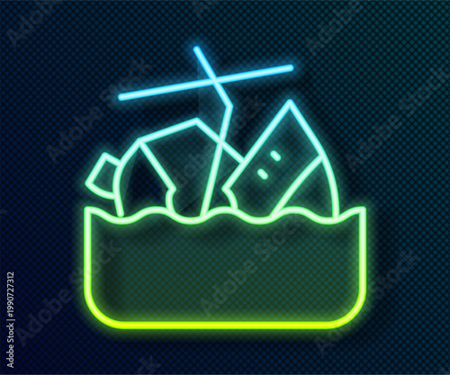 Glowing neon line Sinking cruise ship icon isolated on black background. Travel tourism nautical transport. Voyage passenger ship, cruise liner. Vector