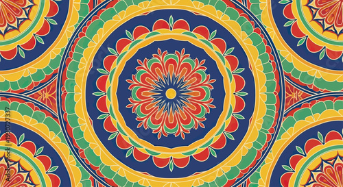 Vibrant, intricate circular patterns in red, green, and yellow on a deep blue background