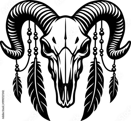Ram Skull with Feathers and Beads Vector Illustration Silhouette for Cricut Laser Cut EPS