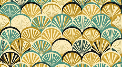 A repeating pattern of layered fans in gold, teal, cream, and black