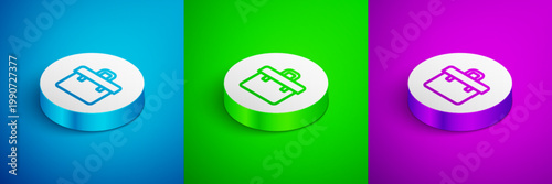 Isometric line Briefcase icon isolated on blue, green and purple background. Business case sign. Business portfolio. White circle button. Vector