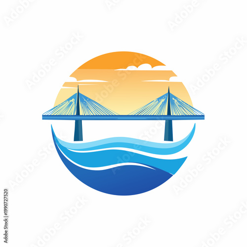 Bridge Over Water Sunset Scene Logo.