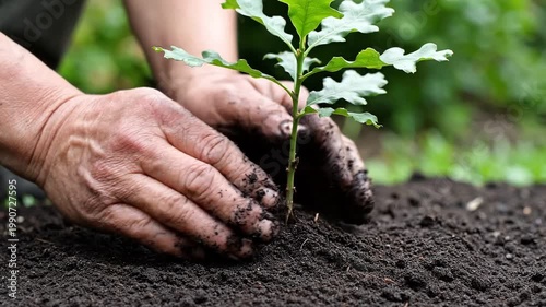 Senior person hands planting young oak sapling in dark fertile soil